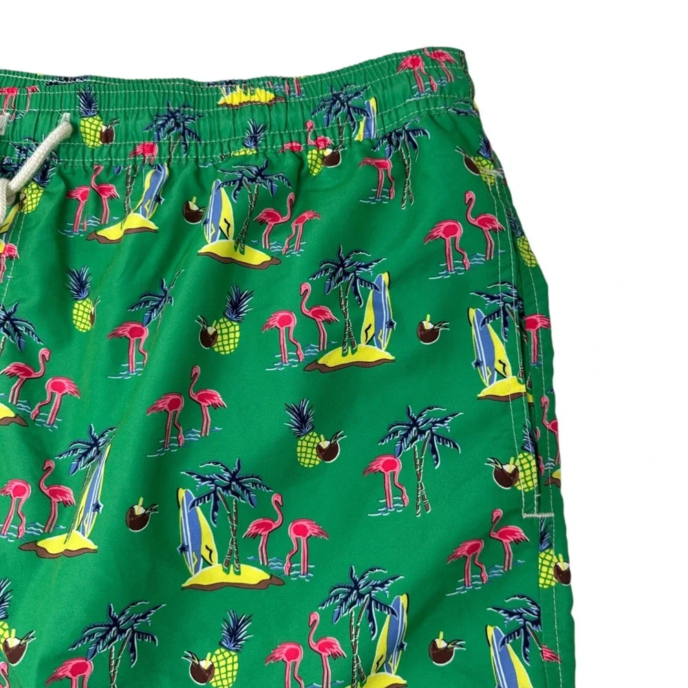 POLO RALPH LAUREN Green Traveler Lined Swim Trunks Pockets Flamingo Surf Size LT